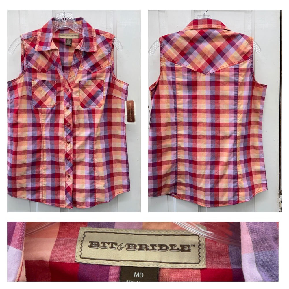 Bit & Bridle Womens Medium Sleeveless Western Plaid Snap Front Shirt Red Pink